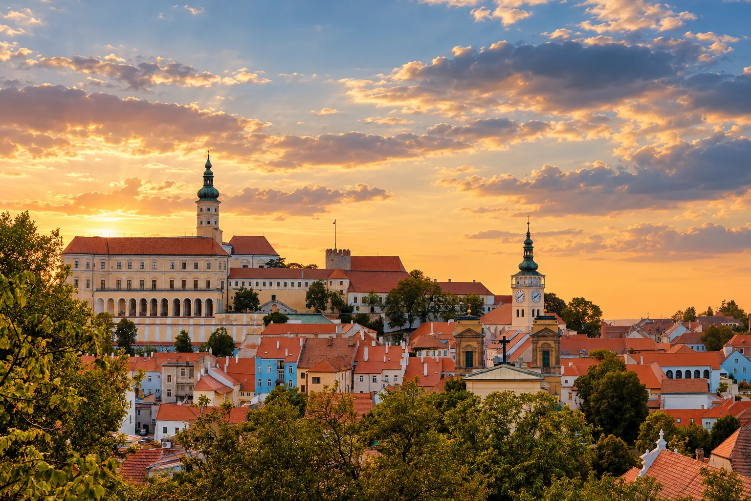 Mikulovský zámek a střechy města ve večerním světle